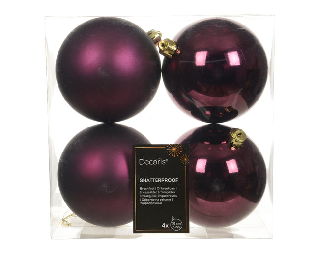 Kerstballen mix donker mauve kunststof - box 4 stuks