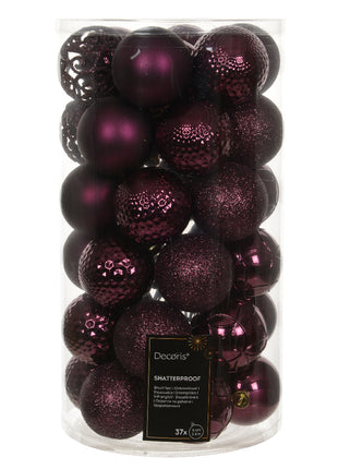 Kerstballen mix donker mauve kunststof - koker 37 stuks