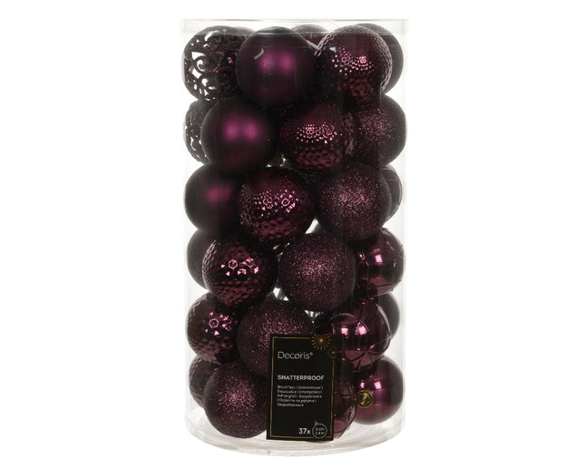 Kerstballen mix donker mauve kunststof - koker 37 stuks