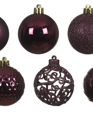 Kerstballen mix donker mauve kunststof - koker 37 stuks