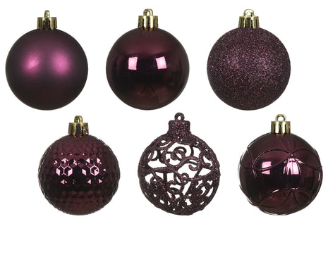 Kerstballen mix donker mauve kunststof - koker 37 stuks