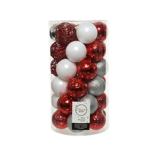 Kerstballen kunststof mix koker 37 stuks - Ø6cm - rood/wit/zilver