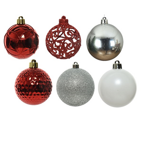 Kerstballen kunststof mix koker 37 stuks - Ø6cm - rood/wit/zilver