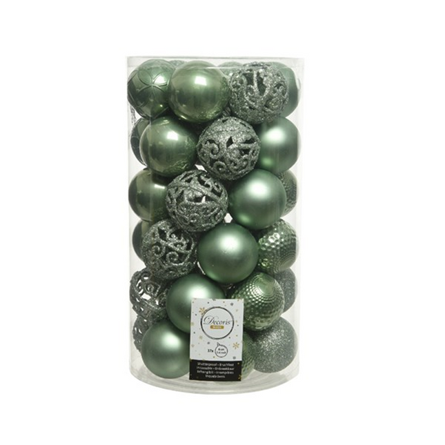 Kerstballen kunststof mix koker 37 stuks - Ø6cm - salie groen, glans, mat, glitter