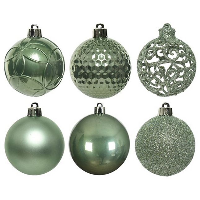 Kerstballen kunststof mix koker 37 stuks - Ø6cm - salie groen, glans, mat, glitter