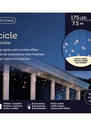 Lumineo LED icicle lights twinkle 8 functies voor buiten - 750cm - 175 lamps - warm wit