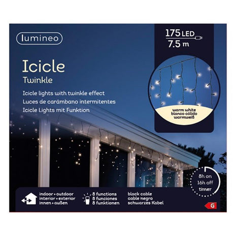 Lumineo LED icicle lights twinkle 8 functies voor buiten - 750cm - 175 lamps - warm wit