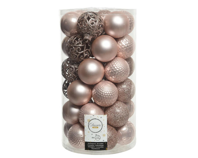 Kerstballen kunststof mix koker 37 stuks - Ø6cm - matt shiny glitter mix poeder roze